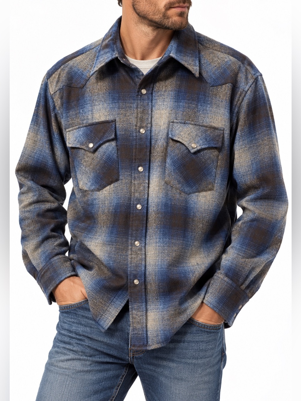 Pendleton 100% Virgin Wool Plaid Western Shirt Men’s Large Blue Gray Wool Shirt